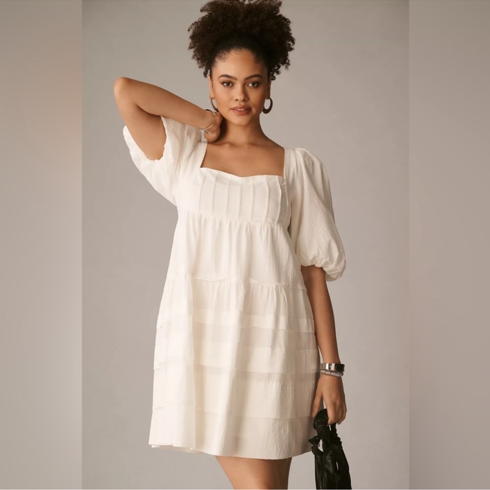 Anthropologie Square Neck Puff Sleeve Tiered Dress ivory size XS EUC